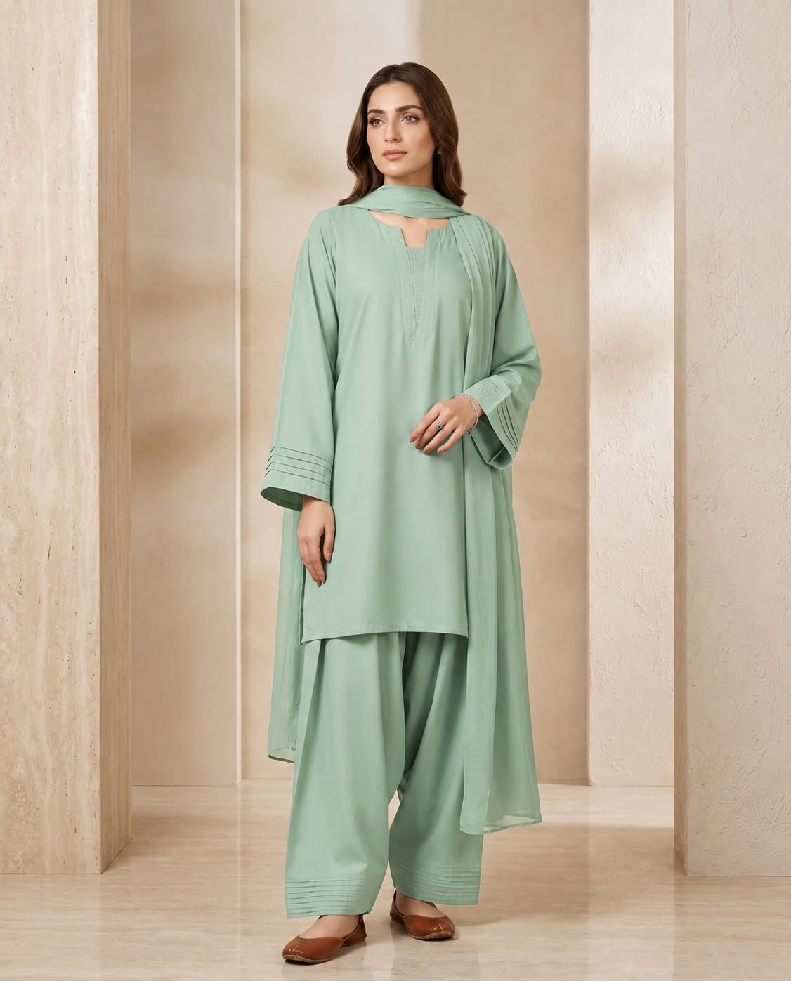 Premium Farshi Shalwar 3-Piece Suit – Plain Georgette with Chiffon Dupatta Image 3