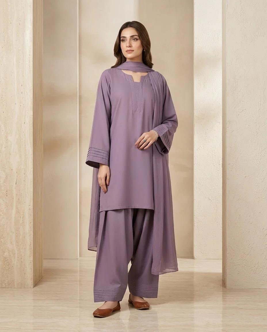 Premium Farshi Shalwar 3-Piece Suit – Plain Georgette with Chiffon Dupatta