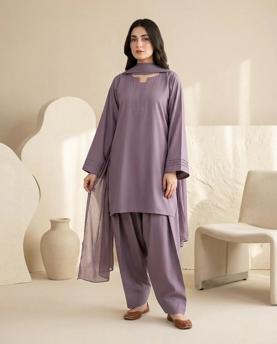Premium Farshi Shalwar 3-Piece Suit – Plain Georgette with Chiffon Dupatta Image 2