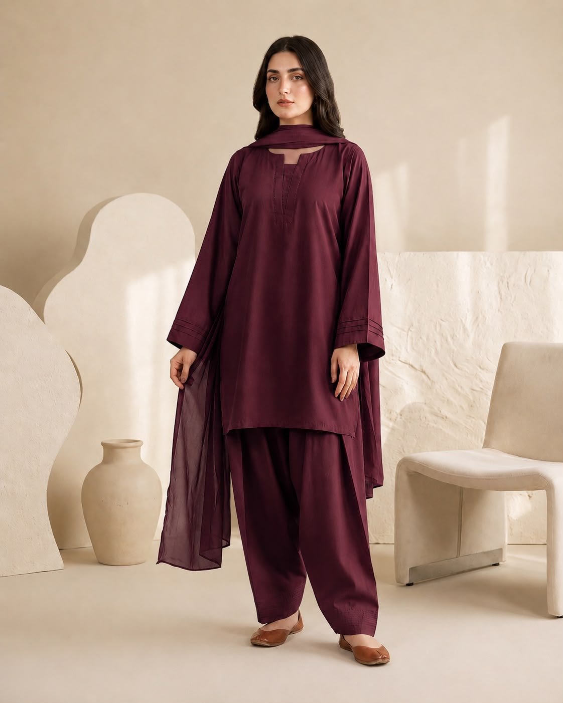Premium Farshi Shalwar 3-Piece Suit – Plain Georgette with Chiffon Dupatta Image 4